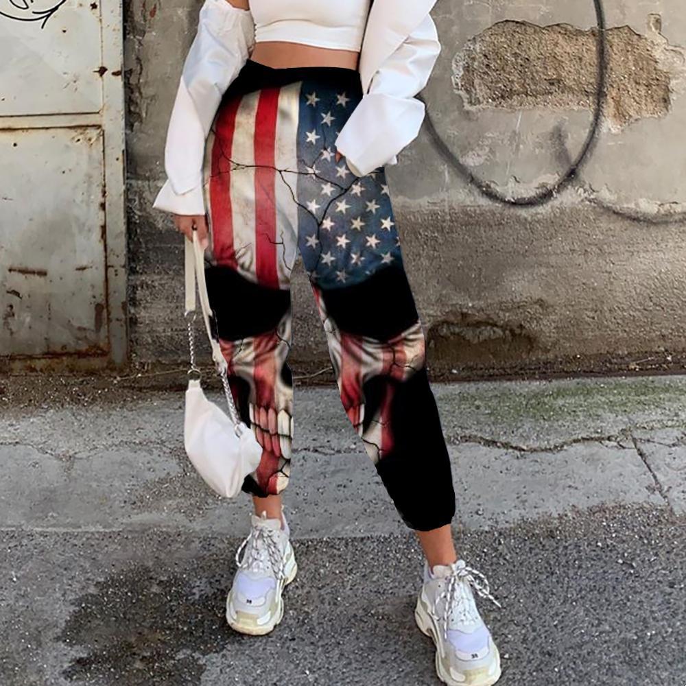 Skull Pants Women Punk Trouser United States Casual Pant Usa High Waist Pants America 3d Printed - KYKU