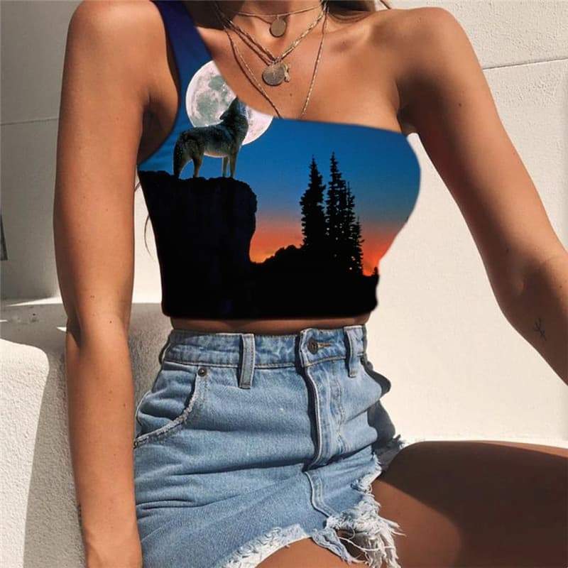 Wolf Vest Tops Women Animal Tees Graphic Anime One Shoulder Crop Moon Midriff T shirt Tree Sleeveless Shirt - KYKU