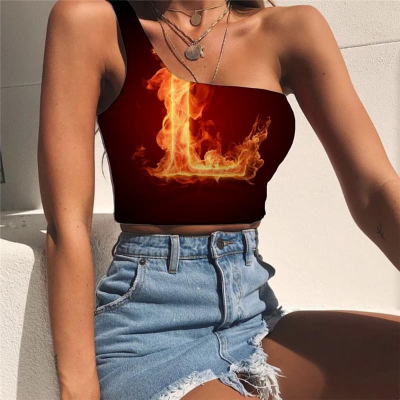 Flame Tank Tops Women Letter Midriff T shirt Couple One Shoulder Crop