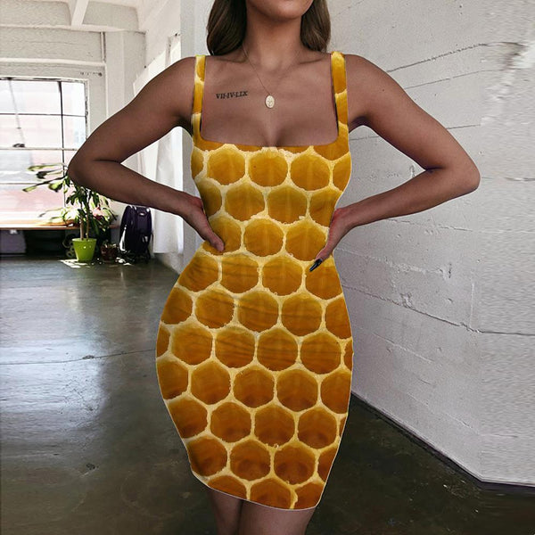 Geometric Dresses Women Psychedelic Bodycon Dress Vortex Halter Sleeveless Honey Ladies Dresses Honeycomb Sundress - KYKU