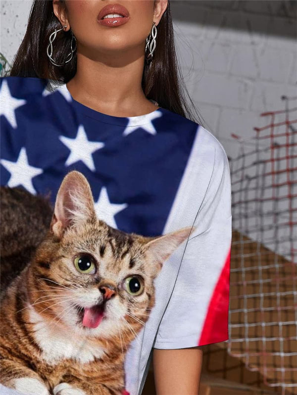 
Cat T-shirt Women Animal T-shirts 3d National Flag Tshirt Printed United States Summer
                