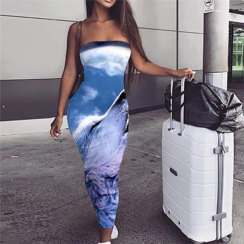Wolf Dress Women Animal Bodycon Dress Anime Sundress Moon 3d Print Galaxy Vestido Sexy - KYKU