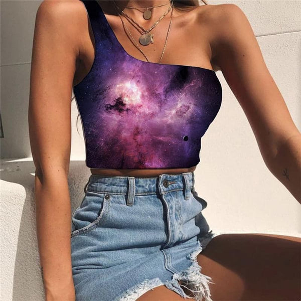 Galaxy Vest Tops Women Space One Shoulder Crop Nebula Midriff T shirt Universe Sleeveless Shirt