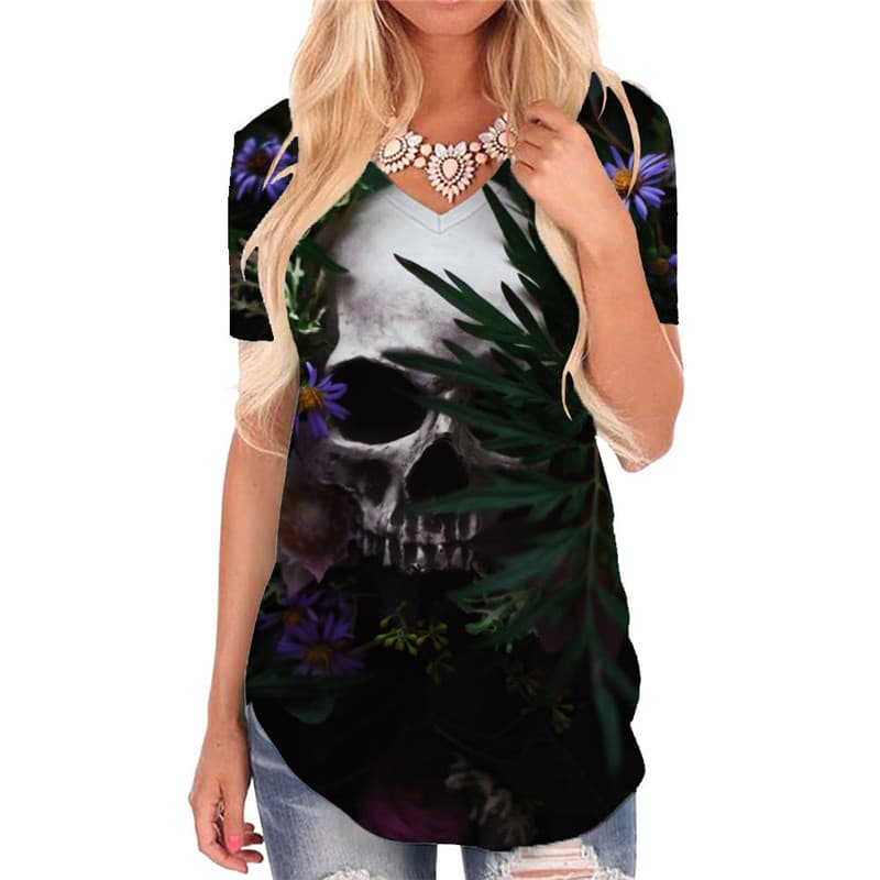 Skull T-shirt women Punk Tshirts Printed Flower Shirt Print Grass T-shirts 3d
