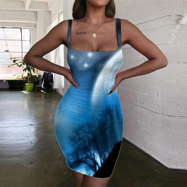 Wolf Dresses Women Animal 3d Print Anime Ladies Dresses Moon Vestido Sexy Blue Sundress - KYKU