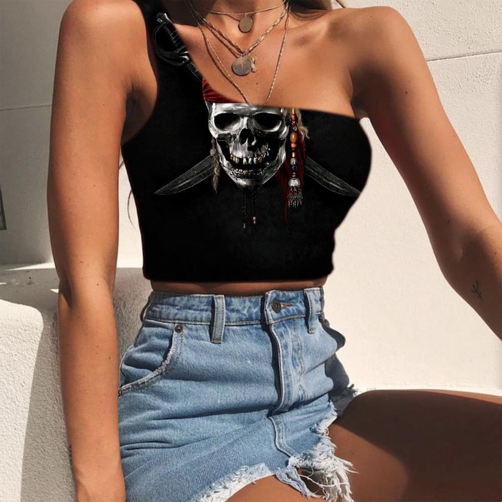 Skull Vest Tops Women Punk Midriff T shirt Pirate Tees Graphic Knife One Shoulder Crop - KYKU