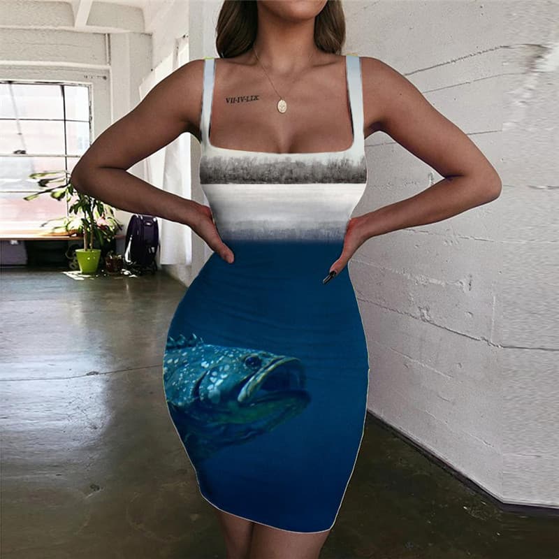Fish Dresses Women Animal 3d Print Funny Halter Sleeveless Fisherman Vestido Sexy Fishinger Bodycon Dress