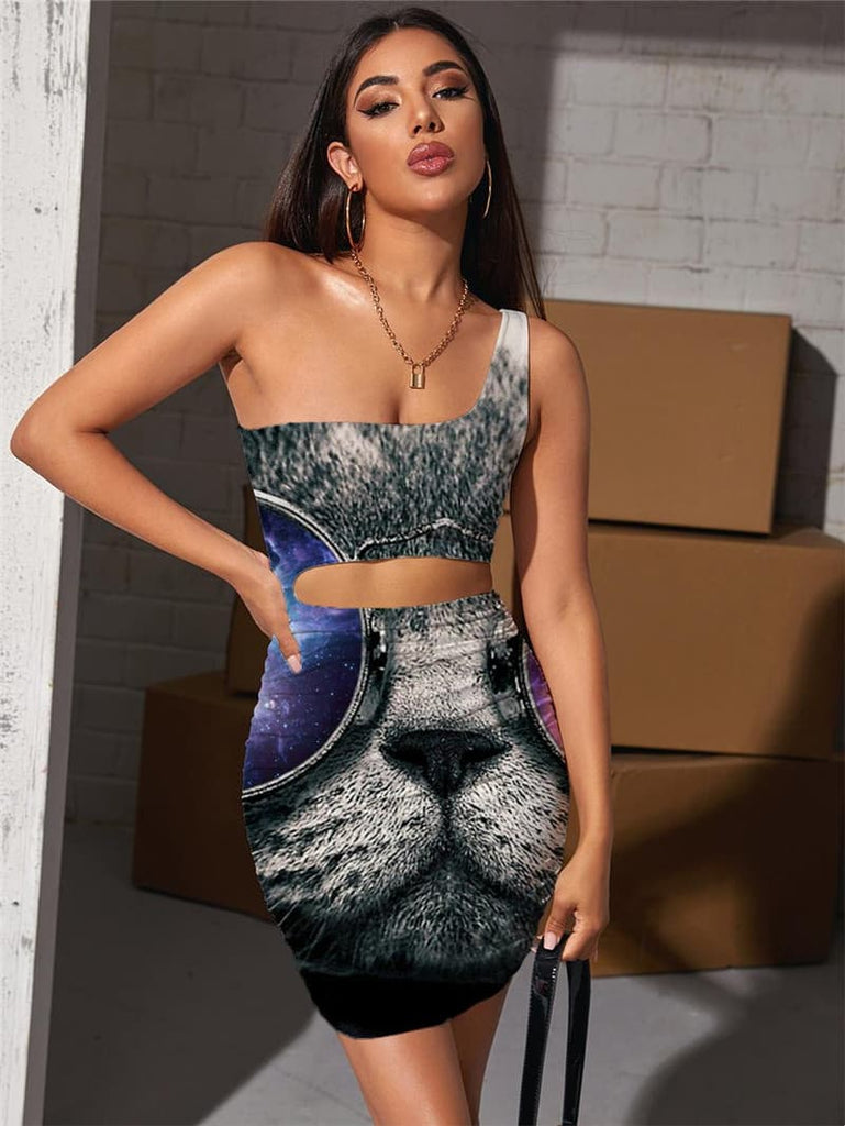 Cat Dresses Women Animal 3d Print Hip Hop Halter Sleeveless Harajuku Pleating Rock Vestido Sexy