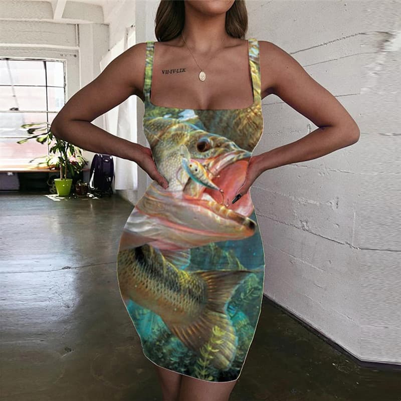 Fish Dress Women Fisherman Halter Sleeveless Metal Vestido Sexy Animal Ladies Dresses Ocean Bodycon Dress