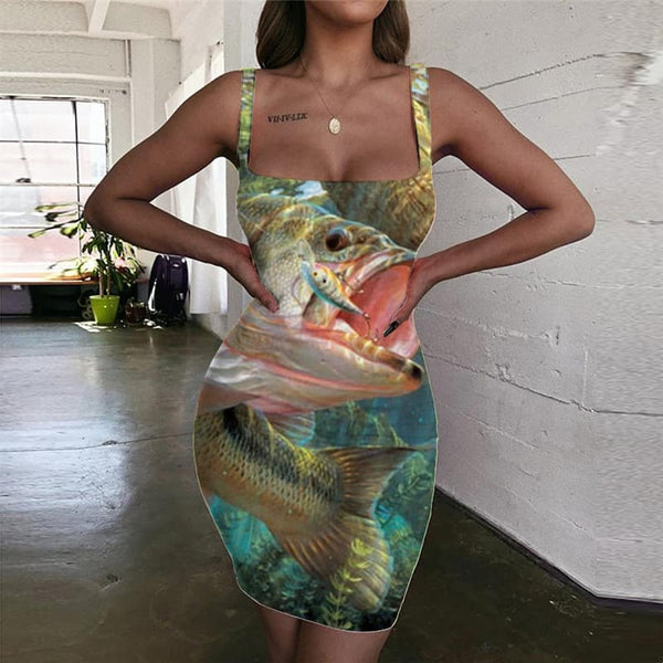 Fish Dress Women Fisherman Halter Sleeveless Metal Vestido Sexy Animal Ladies Dresses Ocean Bodycon Dress