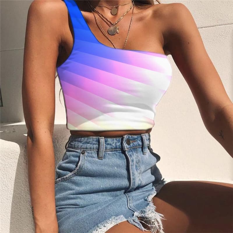 Colorful Tank Tops Women Gradient Tees Graphic Abstract One Shoulder Crop