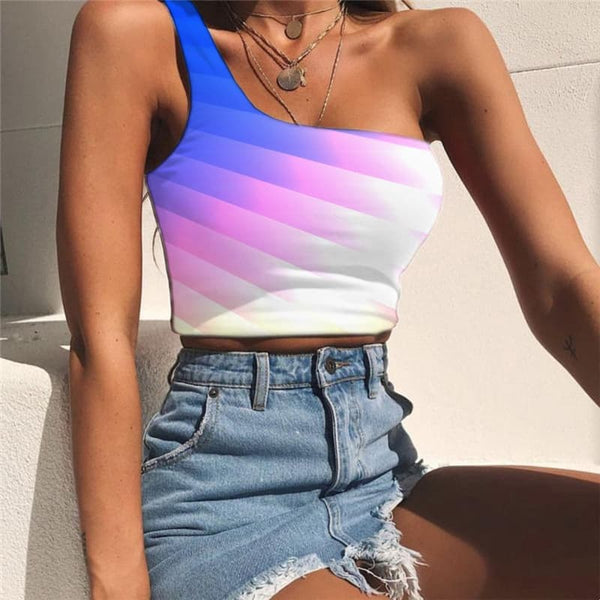 Colorful Tank Tops Women Gradient Tees Graphic Abstract One Shoulder Crop