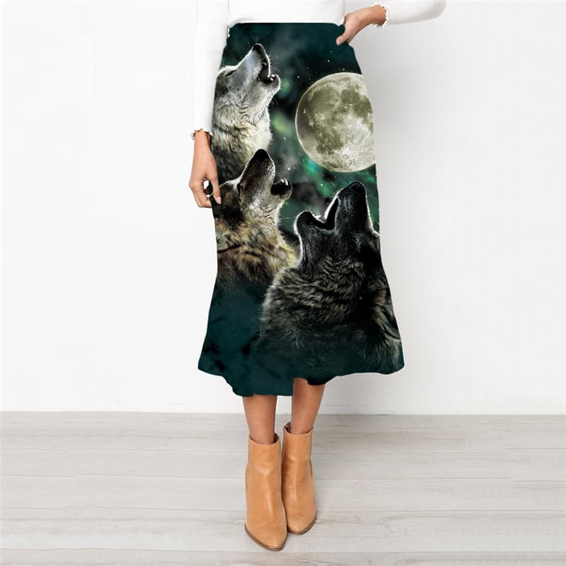 Wolf Skirts Women Animal School skirt Anime Rock Frauen Moon Skirt Ladies Wolf Pack High waist skirts - KYKU