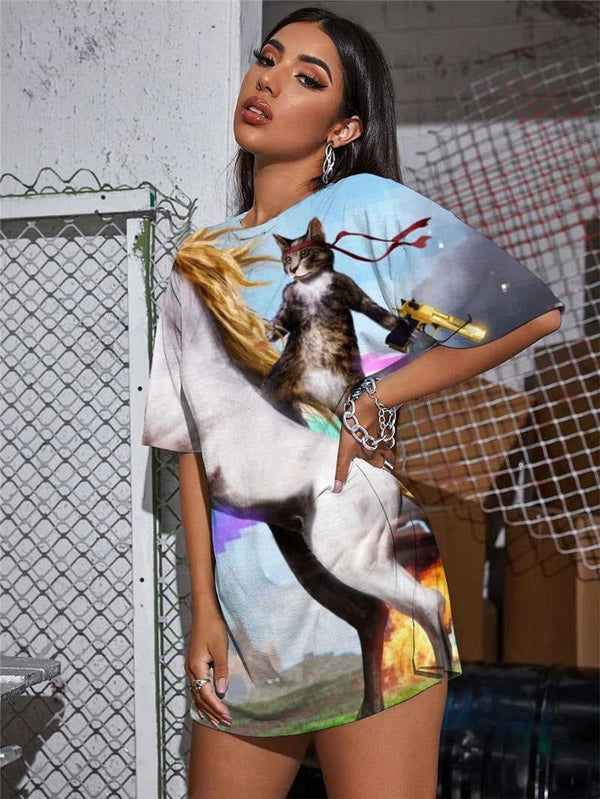 
Unicorn T-shirt Women Cat Tshirt Printed Rainbow T-shirts 3d Flame Punk Rock
                