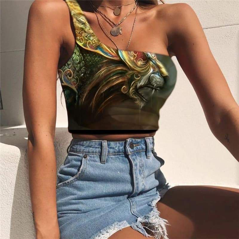 Lion Tank Tops Women Animal Tees Graphic Anime Sleeveless Shirt Colorful One Shoulder Crop Nebula Midriff T shirt - KYKU