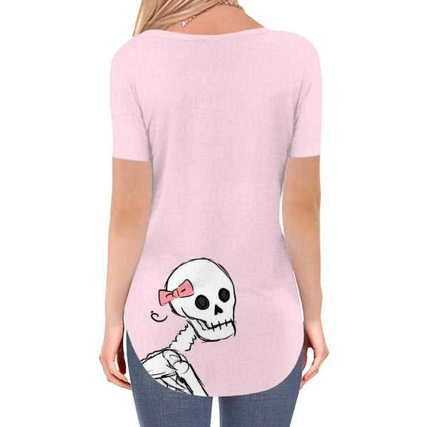 
Skull T Shirt Women Skeleton V-neck Tshirt Lovely Tshirts Printed Pink Shirt Print
                