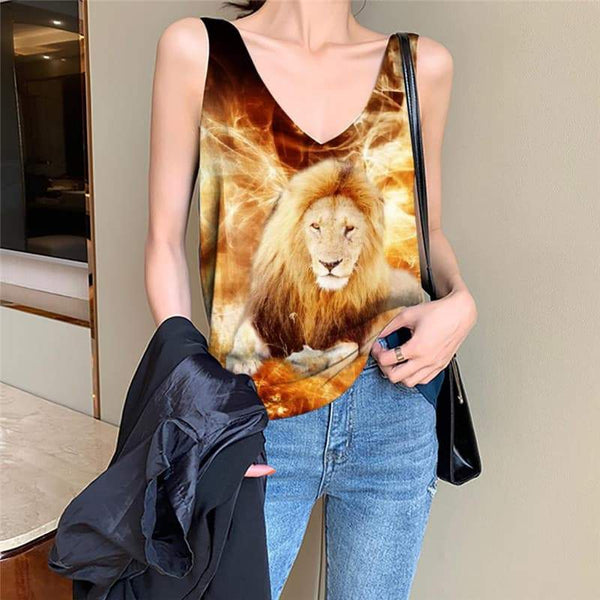 Lion Tank-Top women Animal Vest Printed Anime Tank Tops Casual Flame Anime Clothes Hilarious Vest Print - KYKU
