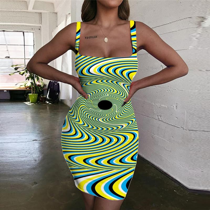Hypnosis Dress Women Abstract Bodycon Dress Psychedelic Sundress Black Hole 3d Print