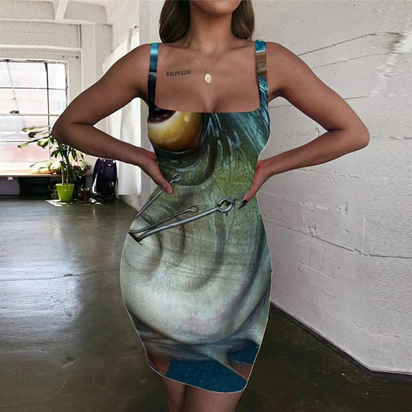 Fish Dresses Women Eye Vestido Sexy Animal 3d Print Fisherman Halter Sleeveless Metal Ladies Dresses