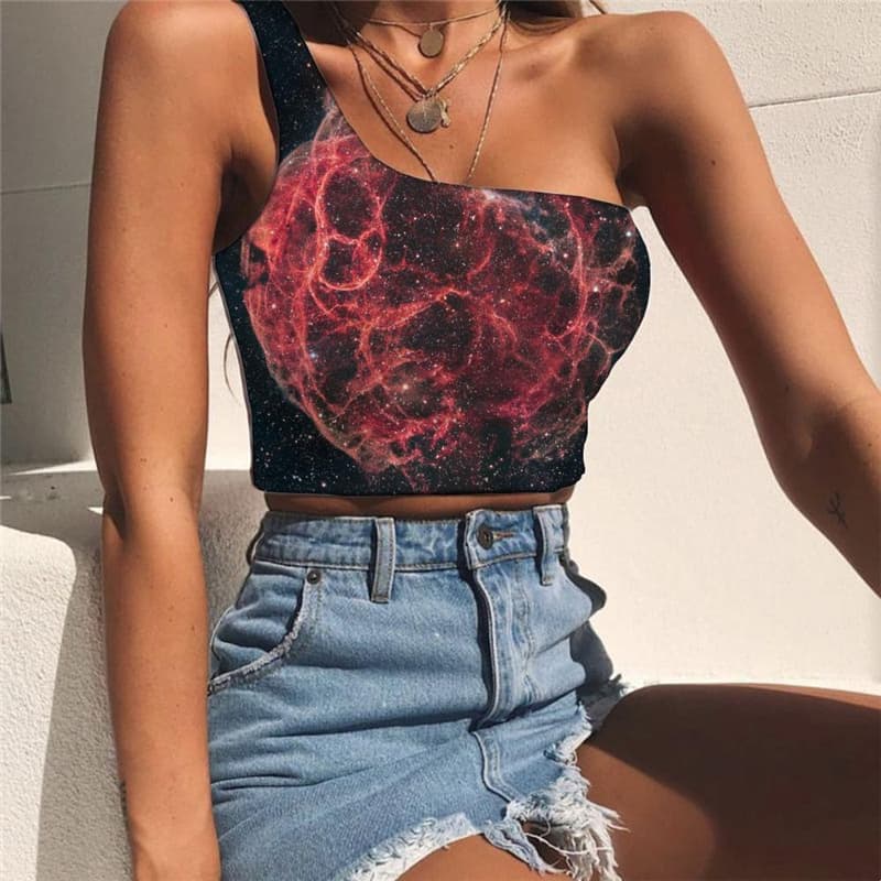 Galaxy Vest Tops Women Space Midriff T shirt Universe Tees Graphic Nebula Sleeveless Shirt Black One Shoulder Crop