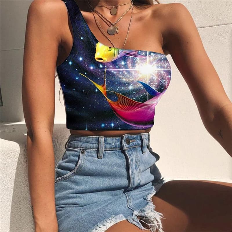 Fish Tank Tops Women Space Galaxy Sleeveless Shirt Colorful Tees Graphic Nebula Midriff T shirt Animal One Shoulder Crop
