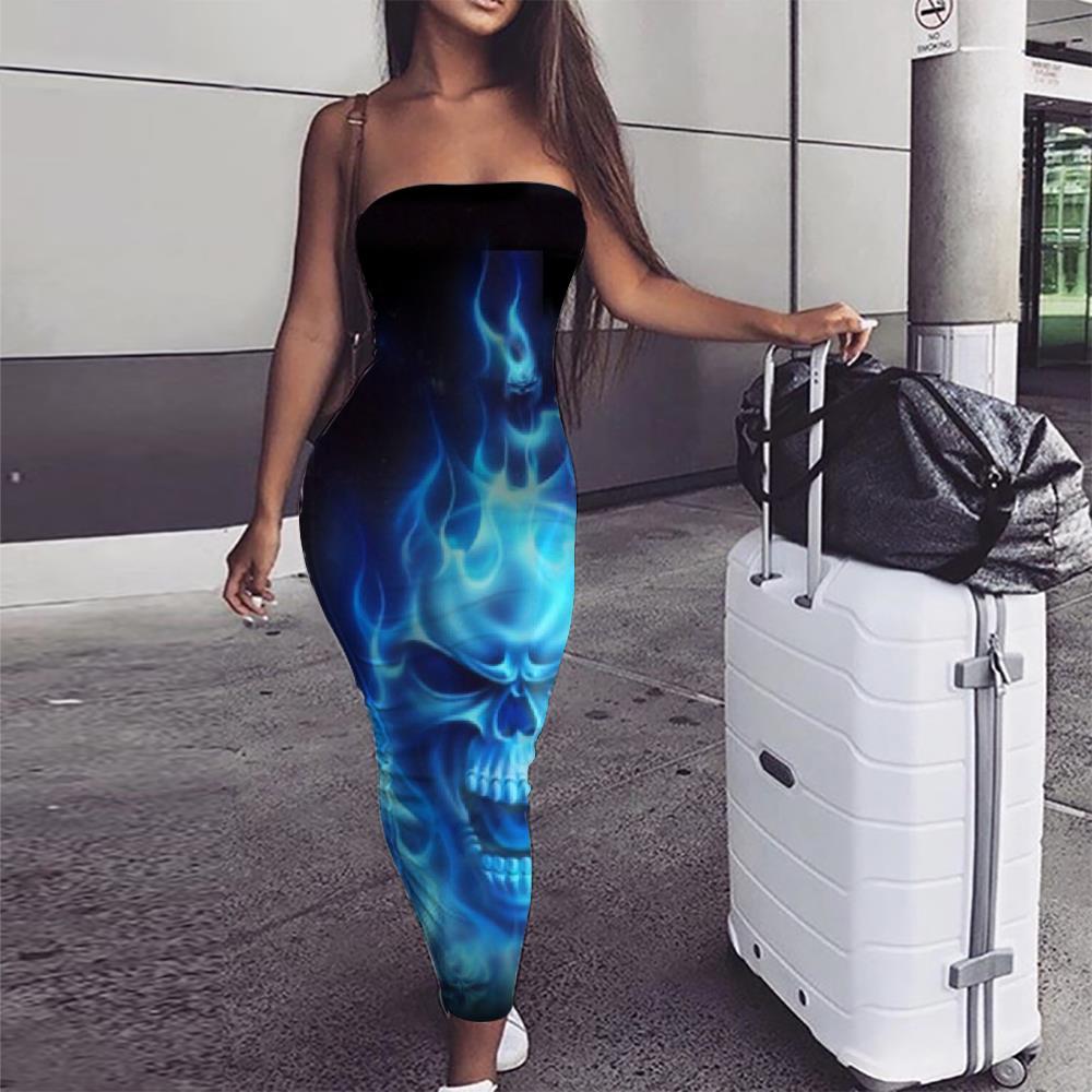 Skull Dress Women Punk sleeveless Blue Ladies Dresses Flame Sundress - KYKU