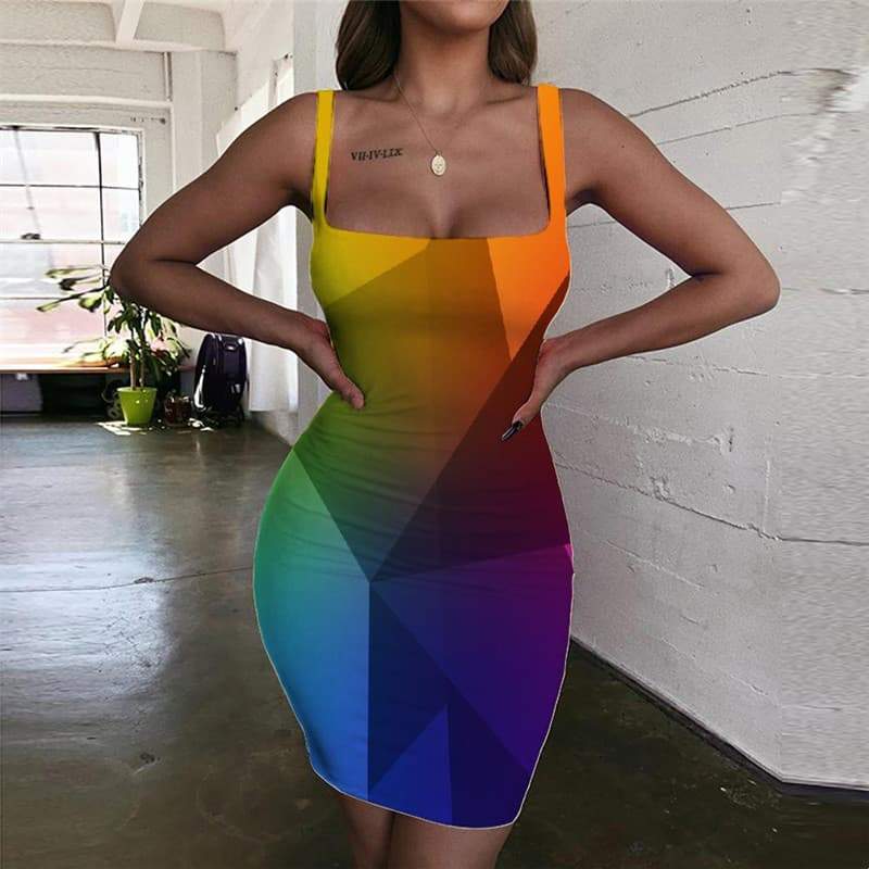 geometric Dresses Women Psychedelic Vestido Sexy vortex Ladies Dresses square Halter Sleeveless rainbow Sundress - KYKU