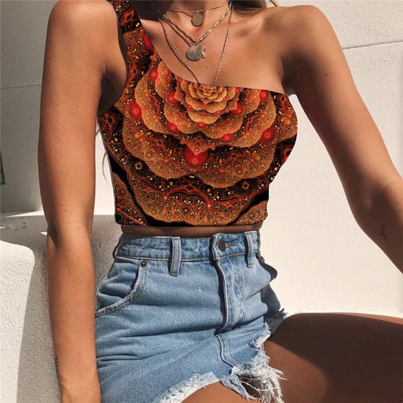 Flower Vest Tops Women Art Tees Graphic Harajuku One Shoulder Crop