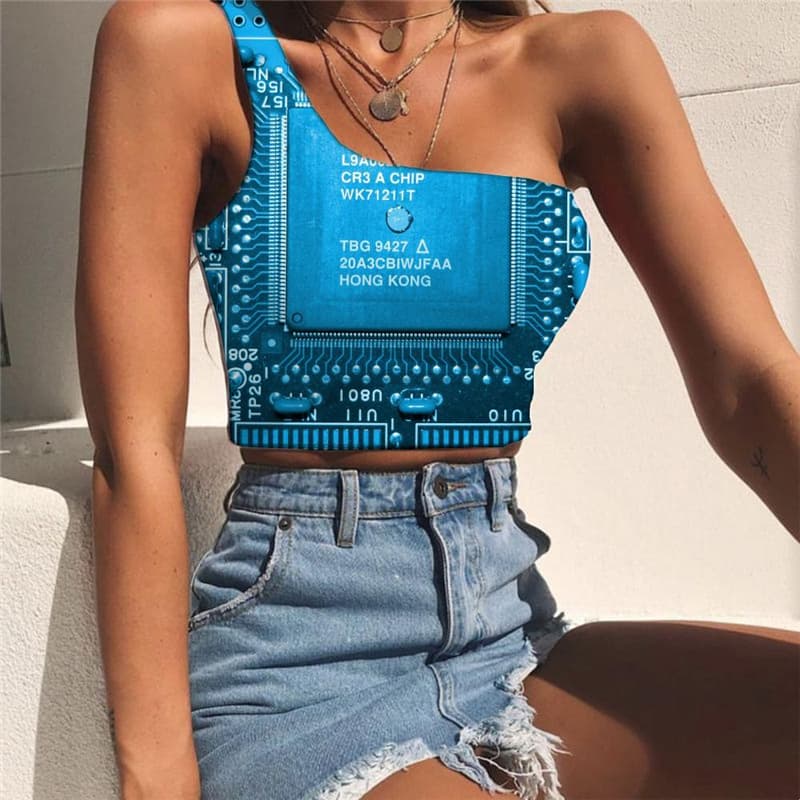 Motherboard Tank Tops Women Technology Tees Graphic Letter Sleeveless Shirt Funny One Shoulder Crop