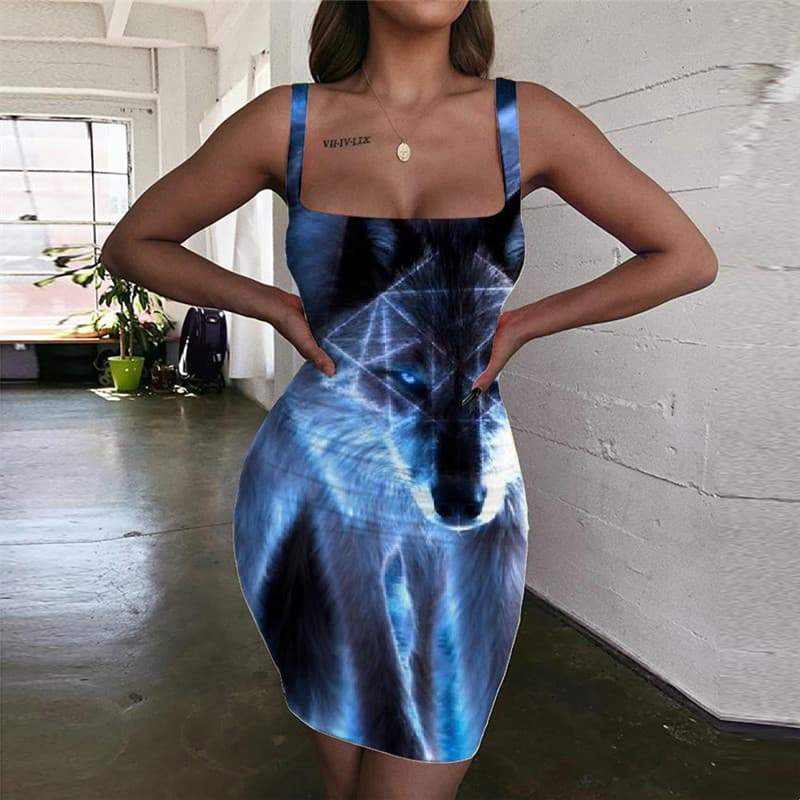 Wolf Dress Women Animal Vestido Sexy Anime Halter Sleeveless Blue Bodycon Dress Nebula 3d Print - KYKU