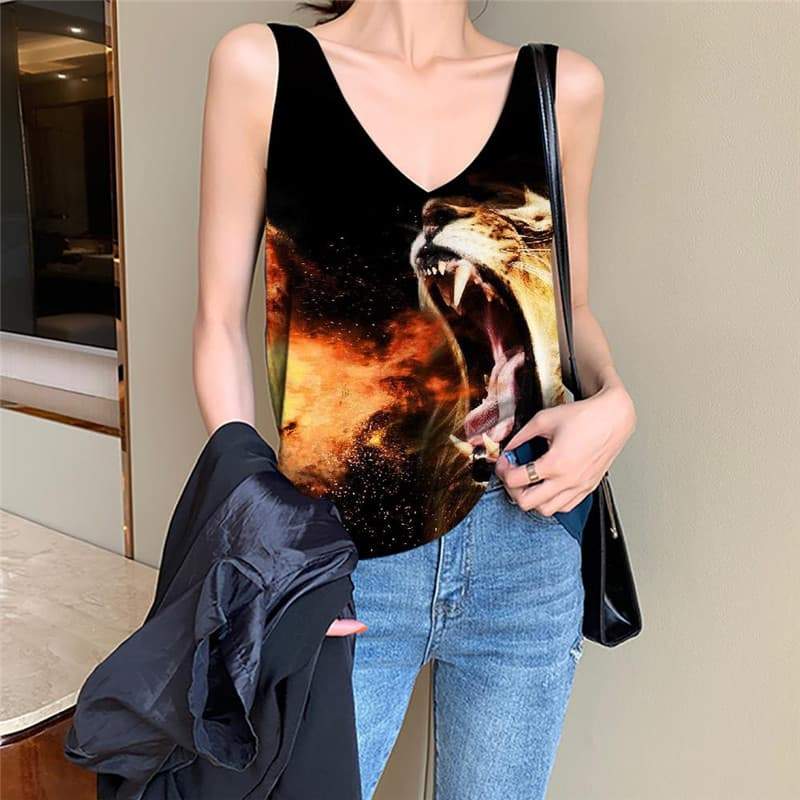Lion Tank Top Women Animal Anime Clothes Anime Tank Tops Casual Flame Vest Print Harajuku Sleeveless 3d - KYKU