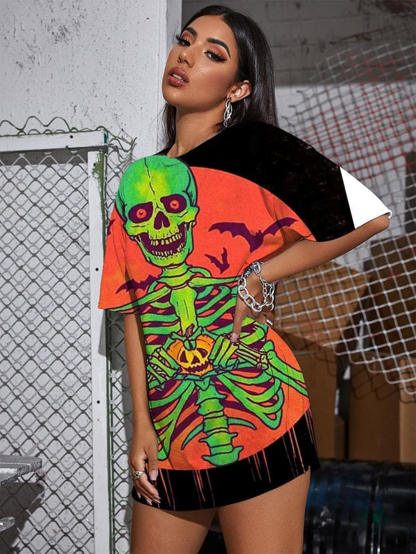 
Skull T-shirt Women Skeleton Summer Halloween Gothic Moon Tshirt Printed Crow Shirt Print
                