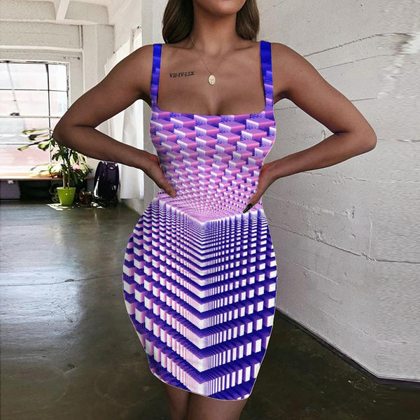 Geometric Dress Women Psychedelic Bodycon Dress Vortex Sundress Purple 3d Print - KYKU