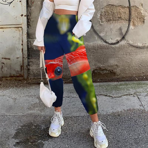 Fish Pants Women Ocean High Waist Pants Animal 3d Printed Red Trouser