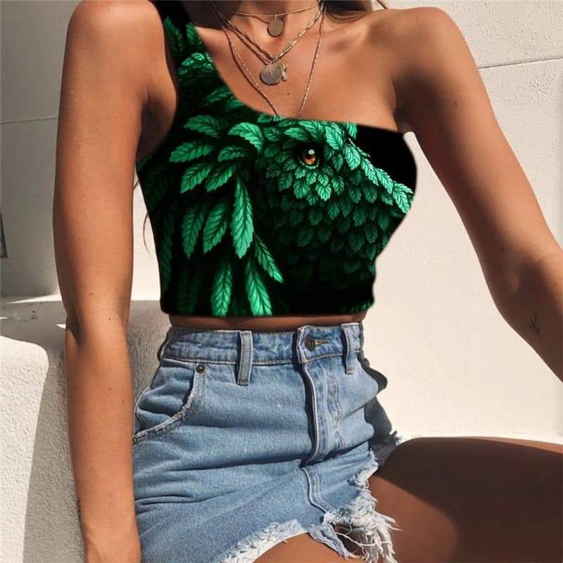 Lion Vest Tops Women Animal Sleeveless Shirt Anime Midriff T shirt Green One Shoulder Crop Harajuku Tees Graphic - KYKU