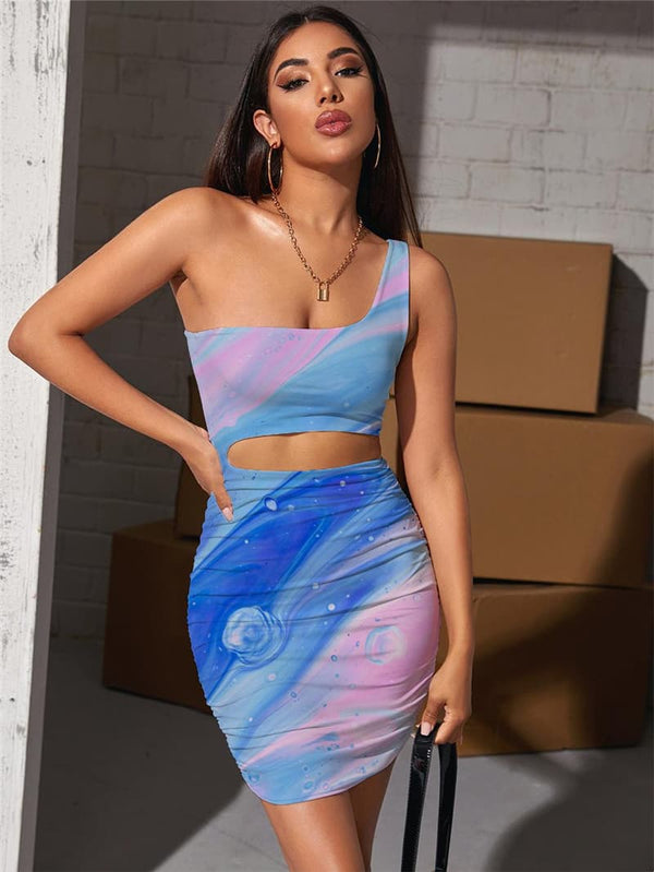 Tie Dye Dress Women Gradient Hollow out Dresses Dizziness Halter Sleeveless Harajuku Pleating