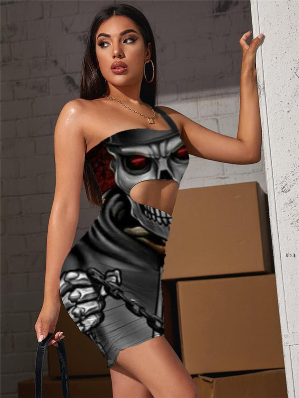 
Skull Dresses Women Skeleton 3d Print Rock Vestido Sexy Hip Hop Pleating
                