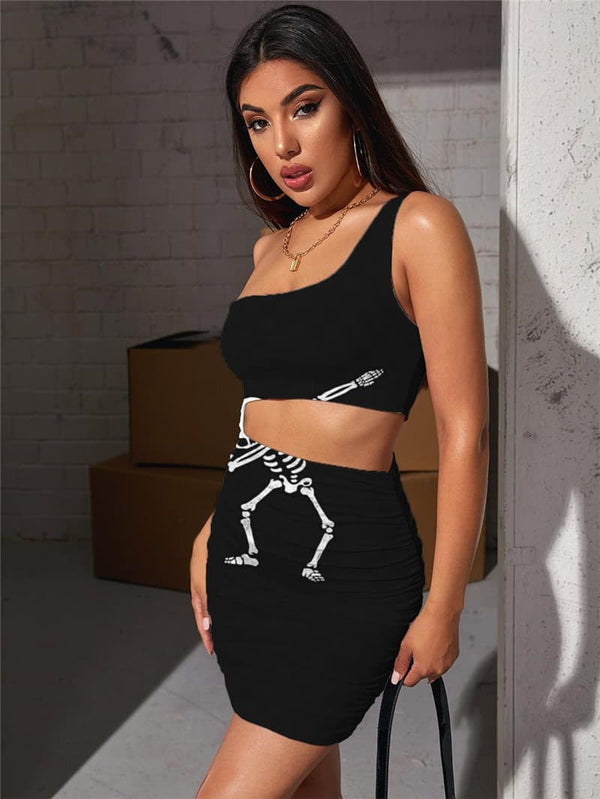 
Skull Dresses Women Skeleton Halter Sleeveless Dancing Pleating Rock Vestido Sexy
                