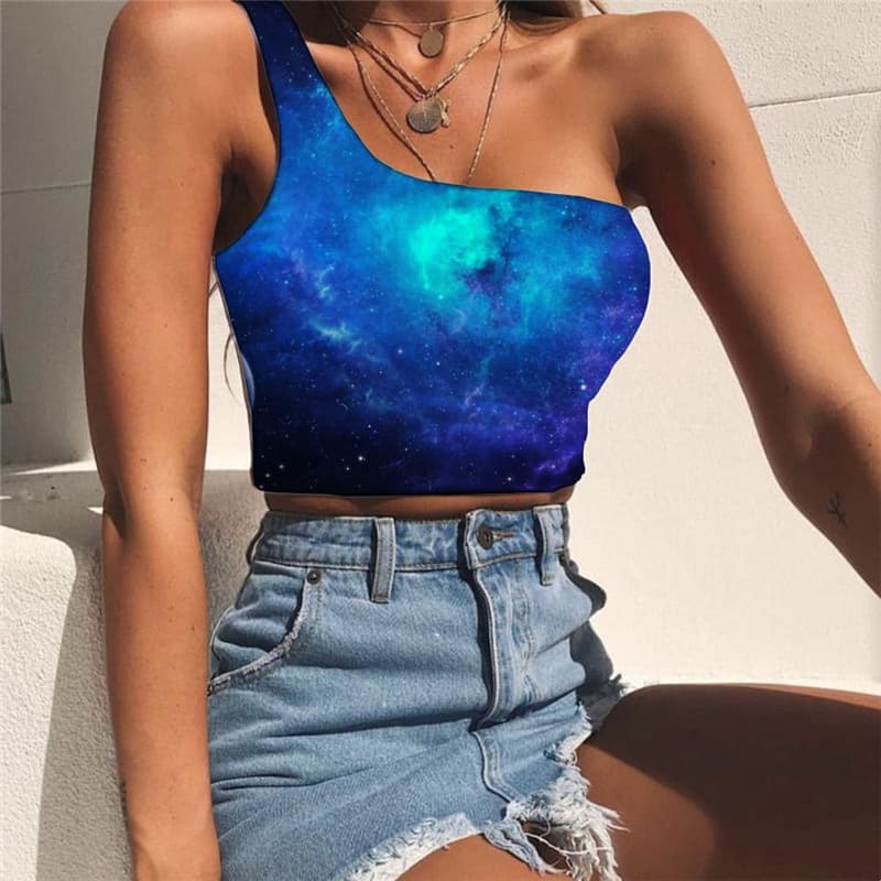Galaxy Tank Tops Women Space Midriff T shirt Universe Sleeveless Shirt