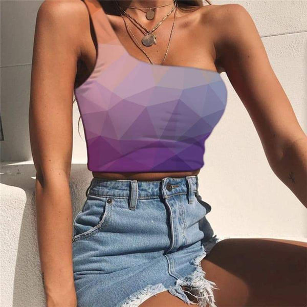 Geometric Vest Tops Women Psychedelic Midriff T shirt Vortex Sleeveless Shirt Square One Shoulder Crop - KYKU