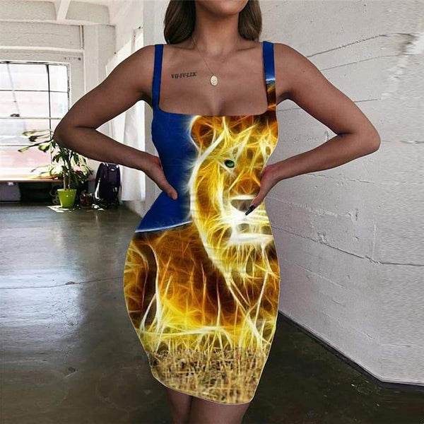 Lion Dress Women Animal Bodycon Dress Anime Vestido Sexy Harajuku 3d Print Lightning Halter Sleeveless - KYKU