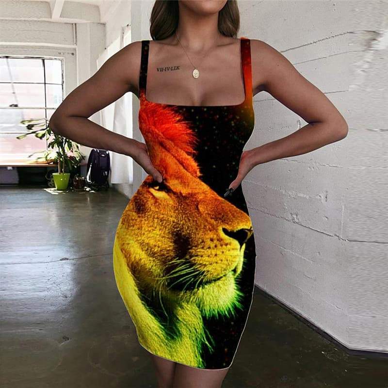 Lion Dress Women Animal Vestido Sexy Anime Bodycon Dress Nebula Ladies Dresses Colorful Halter Sleeveless - KYKU