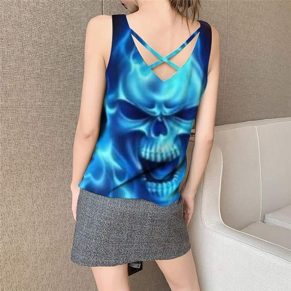 
Skull Tank Top Women Punk Tank Tops Casual Blue Sleeveless 3d Flame Vest Printed - KYKU
                