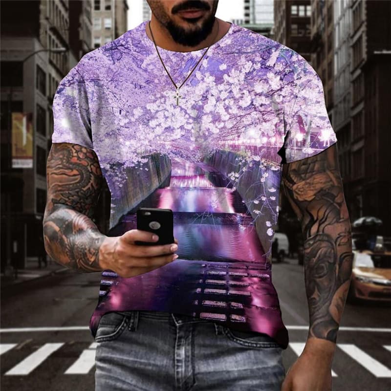 Cherry Blossoms T shirt Men Romantic Anime Clothes Pink T-shirts 3d Love Tshirts Casual