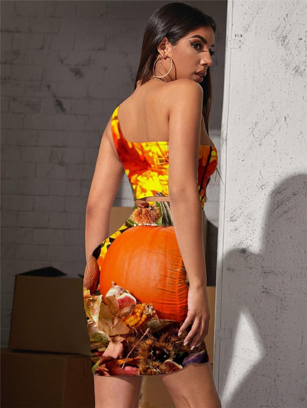 
Pumpkin Dresses Women Halloween Hollow out Dresses Flower Halter Sleeveless Maple Leaf Bodycon Dress
                