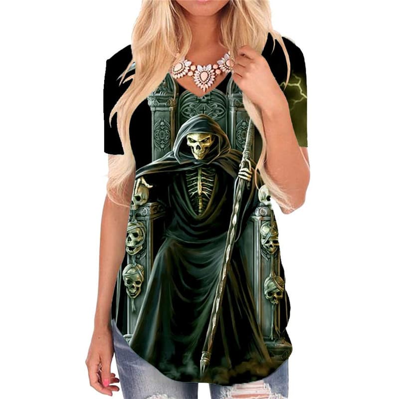 Skull T-shirt women Punk Shirt Print Grim Reaper V-neck Tshirt Lightning T-shirts 3d