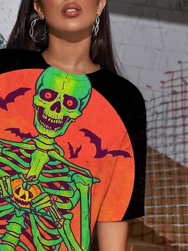 
Skull T-shirt Women Skeleton Summer Halloween Gothic Moon Tshirt Printed Crow Shirt Print
                