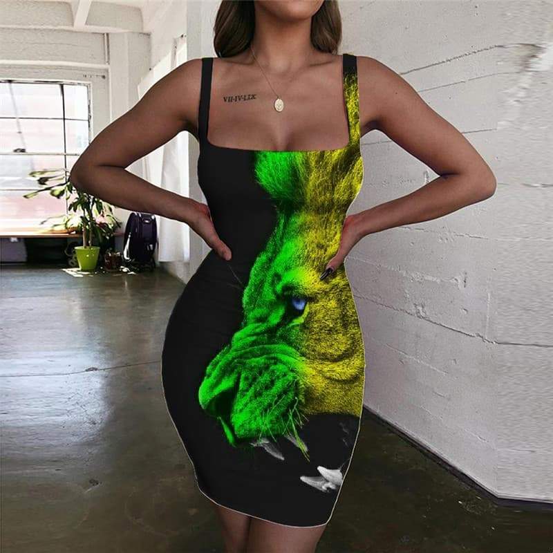 Lion Dresses Women Animal Vestido Sexy Anime Halter Sleeveless Flame Sundress Harajuku Bodycon Dress - KYKU