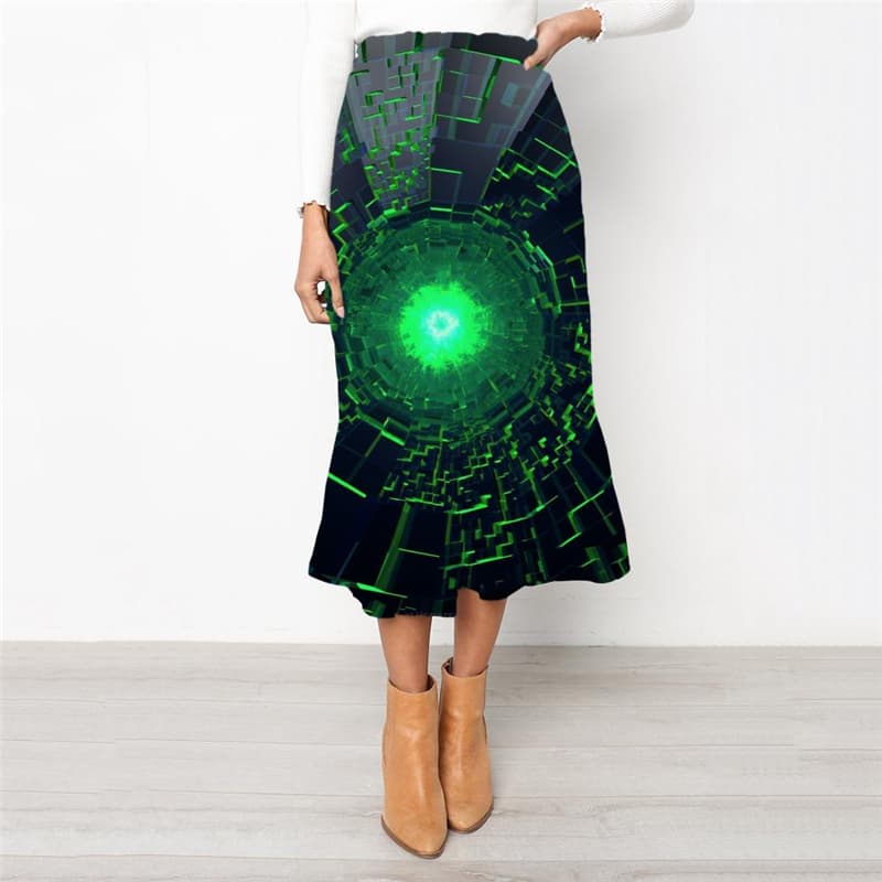 Dizziness Skirt Women Green Rock Frauen Technology Skirt Ladies Art High waist skirts