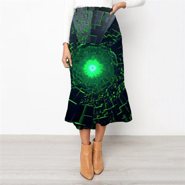 Dizziness Skirt Women Green Rock Frauen Technology Skirt Ladies Art High waist skirts